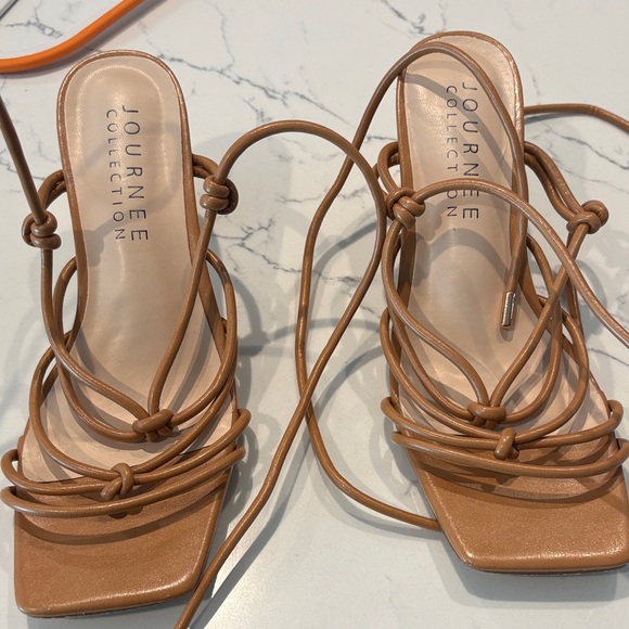 Journee Collection Shoes - Journee Collection Tan Strappy Lace-Up Square-Toe Heels